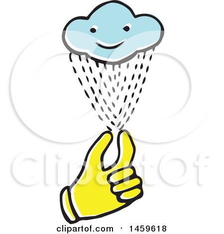 Clipart of a Yellow Pop Art Styled Hand Holding a Rain Cloud - Royalty Free Vector Illustration by Cherie Reve