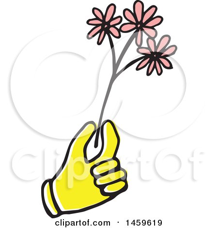 Clipart of a Yellow Pop Art Styled Hand Holding Flowers - Royalty Free Vector Illustration by Cherie Reve