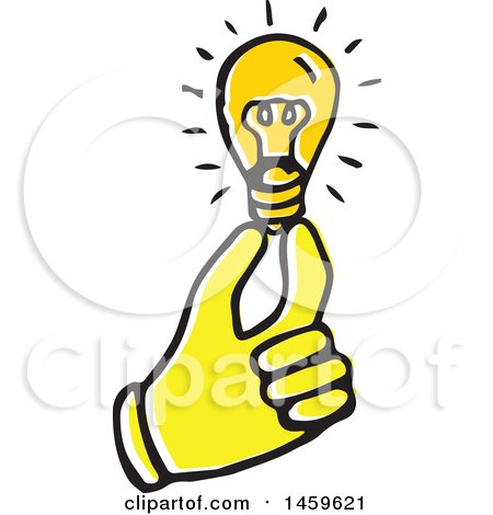 Clipart of a Yellow Pop Art Styled Hand Holding a Lightbulb - Royalty Free Vector Illustration by Cherie Reve
