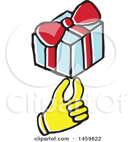 Clipart of a Yellow Pop Art Styled Hand Holding a Gift - Royalty Free Vector Illustration by Cherie Reve