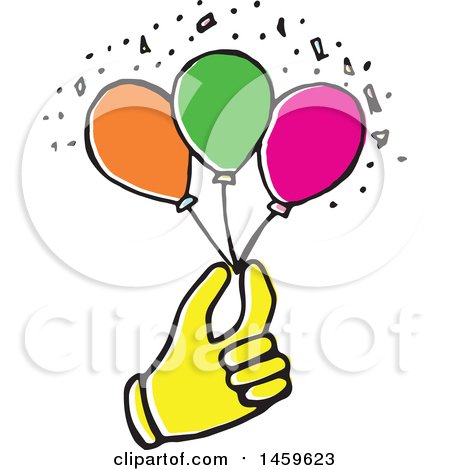 Clipart of a Yellow Pop Art Styled Hand Holding Party Balloons - Royalty Free Vector Illustration by Cherie Reve