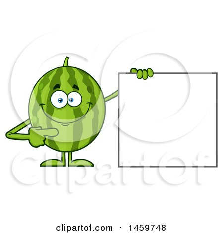 Clipart of a Happy Watermelon Character Mascot Pointing to a Blank Sign - Royalty Free Vector Illustration by Hit Toon