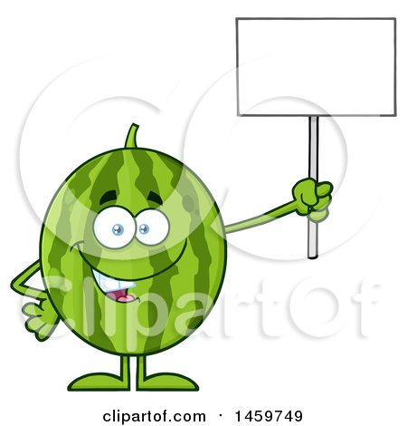 Clipart of a Happy Watermelon Character Mascot Holding up a Blank Sign - Royalty Free Vector Illustration by Hit Toon