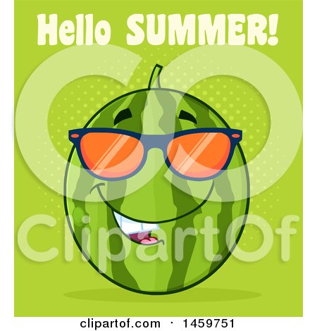 Clipart of a Watermelon Character Mascot Wearing Sunglasses with Hello Summer Text on Green - Royalty Free Vector Illustration by Hit Toon