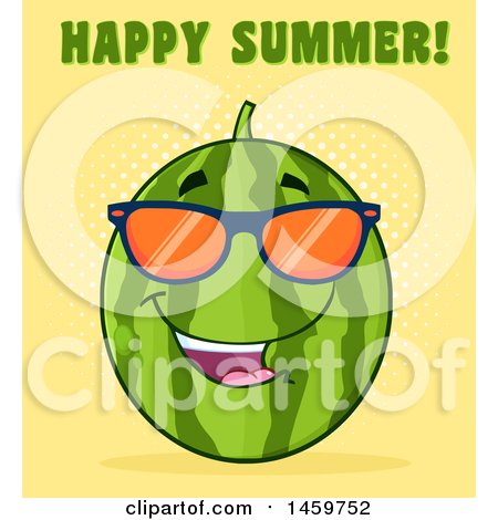 Clipart of a Watermelon Character Mascot Wearing Sunglasses with Happy Summer Text on Orange - Royalty Free Vector Illustration by Hit Toon