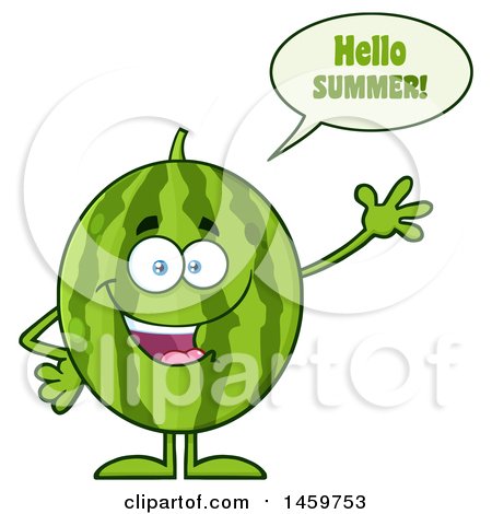 Clipart of a Happy Watermelon Character Mascot Saying Hello Summer Waving - Royalty Free Vector Illustration by Hit Toon