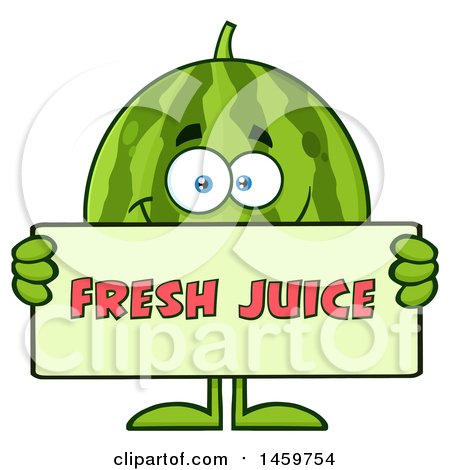 Clipart of a Happy Watermelon Character Mascot Holding a Fresh Juice Sign - Royalty Free Vector Illustration by Hit Toon