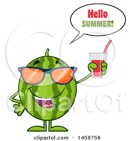 Clipart of a Happy Watermelon Character Mascot Saying Hello Summer and Holding a Glass of Juice - Royalty Free Vector Illustration by Hit Toon