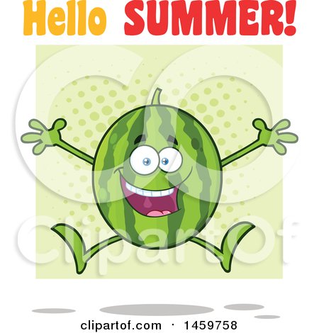 Clipart of a Happy Watermelon Character Mascot Jumping with Hello Summer Text and Green Halftone - Royalty Free Vector Illustration by Hit Toon