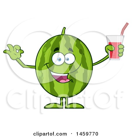 Clipart of a Happy Watermelon Character Mascot Gesturing Perfect Holding a Glass of Juice - Royalty Free Vector Illustration by Hit Toon