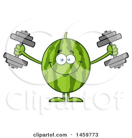 Clipart of a Happy Watermelon Character Mascot Working out with Dumbbells - Royalty Free Vector Illustration by Hit Toon