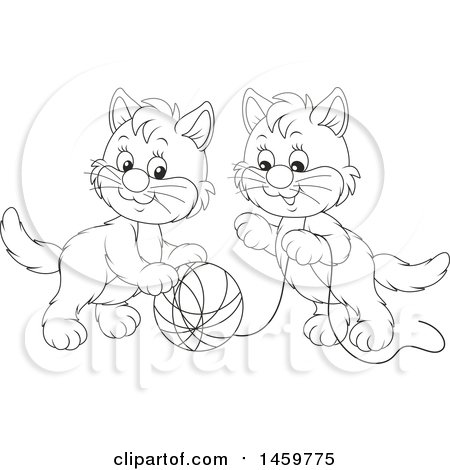 Clipart of Black and White Kittens Playing with a Ball of Yarn - Royalty Free Vector Illustration by Alex Bannykh