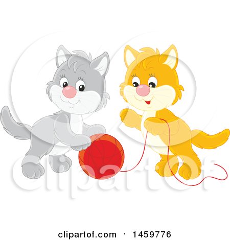 Clipart of Gray and Orange Kittens Playing with a Ball of Yarn - Royalty Free Vector Illustration by Alex Bannykh