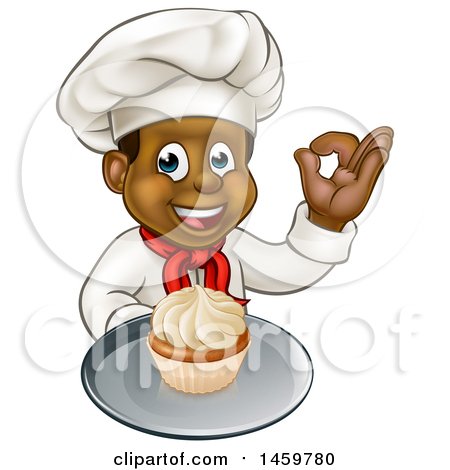 Clipart of a Cartoon Happy Full Length Black Male Chef Holding a Cupcake on a Platter and Gesturing Perfect - Royalty Free Vector Illustration by AtStockIllustration