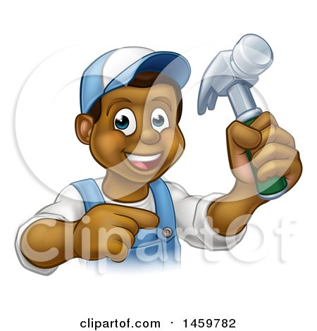 Clipart of a Cartoon Happy Black Male Carpenter Holding a Hammer and Pointing - Royalty Free Vector Illustration by AtStockIllustration