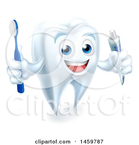 Clipart of a 3d Smiling White Tooth Character Holding a Toothbrush and Tube of Toothpaste - Royalty Free Vector Illustration by AtStockIllustration