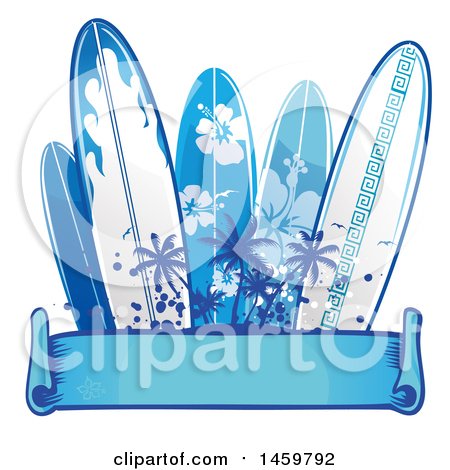 Clipart of a Palm Tree and Blue Surfboard Design with a Ribbon Banner - Royalty Free Vector Illustration by Domenico Condello
