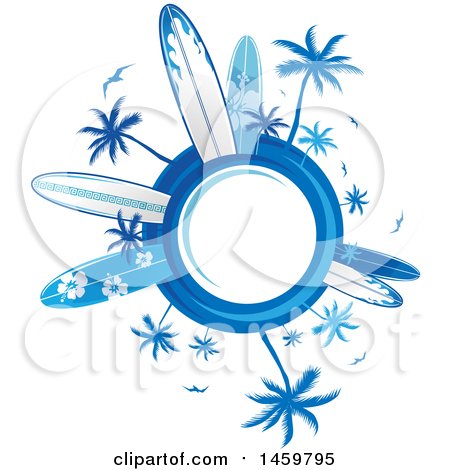 Clipart of a Palm Tree and Surfboard Design with a Globe - Royalty Free Vector Illustration by Domenico Condello