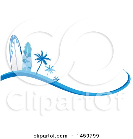 Clipart of a Blue Palm Tree and Surfboard Design with a Wave - Royalty Free Vector Illustration by Domenico Condello