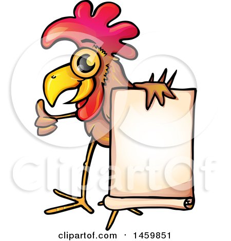 Clipart of a Chicken Mascot Holding a Blank Sign and Giving a Thumb up - Royalty Free Vector Illustration by Domenico Condello