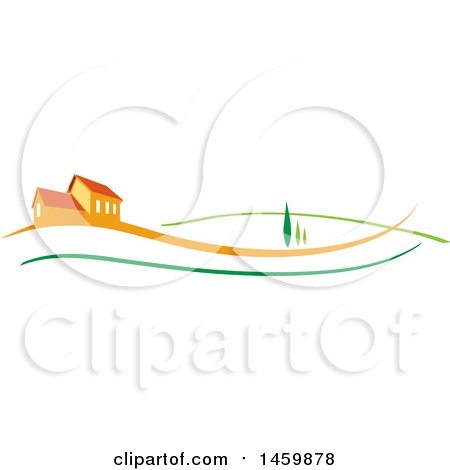 Clipart of an Orange House with Trees and Swooshes - Royalty Free Vector Illustration by Domenico Condello