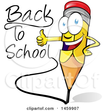 Clipart of a Cartoon Happy Yellow Pencil Mascot Writing Back to School and Giving a Thumb up - Royalty Free Vector Illustration by Domenico Condello