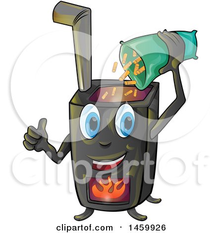 Clipart of a Cartoon Happy Stove Mascot Pouring in Pellets - Royalty Free Vector Illustration by Domenico Condello