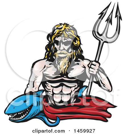 Clipart of a Shark and Poseidon with a Trident - Royalty Free Vector Illustration by Domenico Condello
