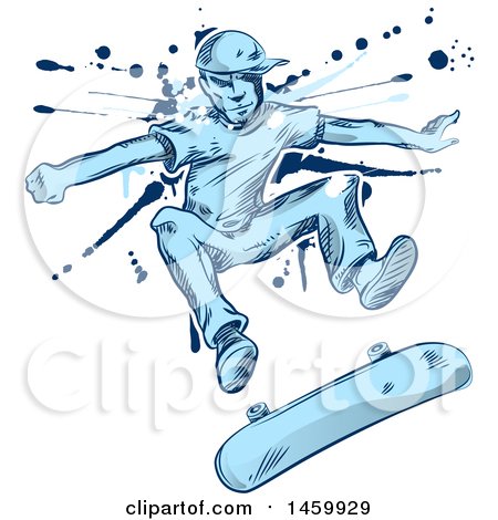 Clipart of a Sketched Blue Skater Jumping and Flipping His Skateboard, over Grunge - Royalty Free Vector Illustration by Domenico Condello