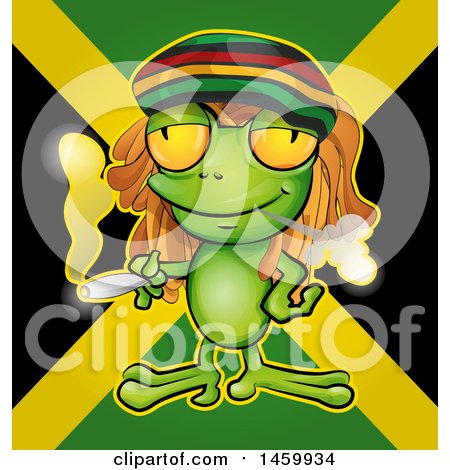 Clipart Of A Cartoon Jamaican Rasta Frog Smoking a Marijuana Joint Over a Flag - Royalty Free Vector Illustration by Domenico Condello