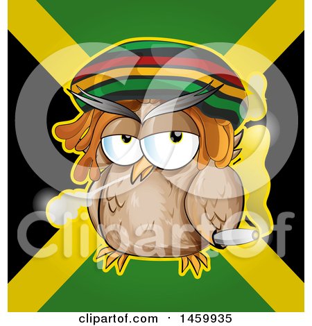 Clipart Of A Cartoon Jamaican Rasta Owl Smoking a Marijuana Joint Over a Flag - Royalty Free Vector Illustration by Domenico Condello