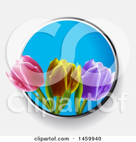 Clipart of a Blue Circle with 3d Tulips on a Shaded Background - Royalty Free Vector Illustration by elaineitalia
