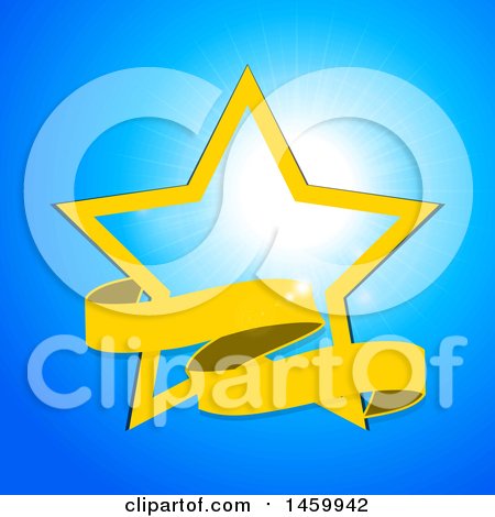 Clipart of a Yellow Star and Ribbon Banner over a Sunny Blue Sky - Royalty Free Vector Illustration by elaineitalia