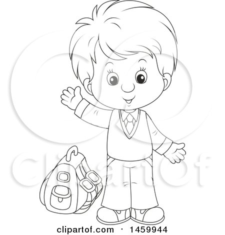 Clipart of a Black and White School Boy Waving - Royalty Free Vector Illustration by Alex Bannykh