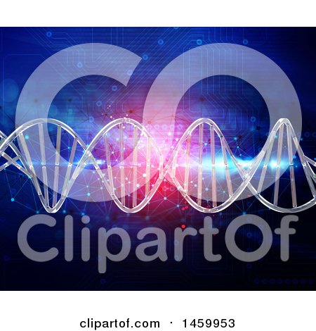 Clipart of a 3d Dna Double Hexlix Strand over a Connection Technology Background - Royalty Free Illustration by KJ Pargeter