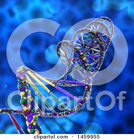 Clipart of a 3d Colorful Double Helix Dna Strand over a Blue Background - Royalty Free Illustration by KJ Pargeter