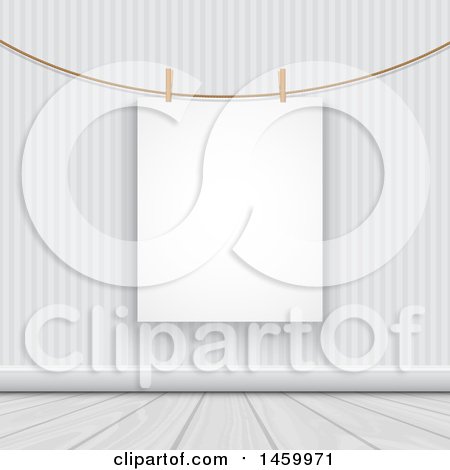 Clipart of a Blank Hanging Sign in a Grayscale Room - Royalty Free Vector Illustration by KJ Pargeter