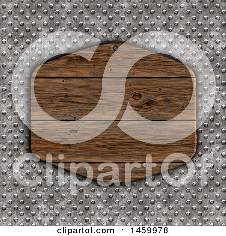 Clipart of a 3d Wood Plaque over a Textured Metal Background - Royalty Free Illustration by KJ Pargeter