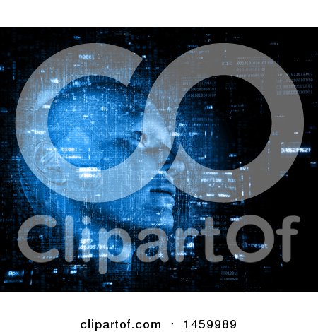 Clipart of a 3d Cyborg Head with Circuitry, over Binary Code - Royalty Free Illustration by KJ Pargeter