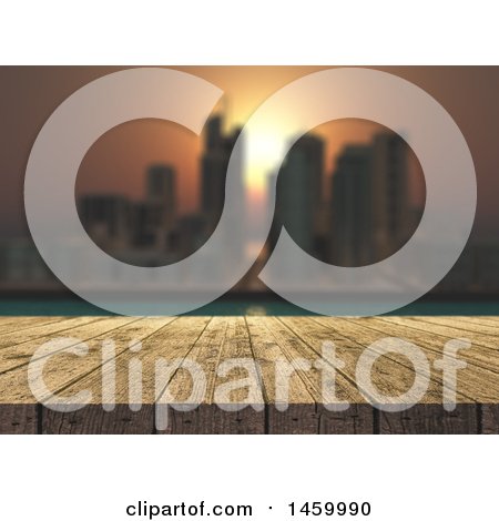 Clipart of a 3d Wood Table with a Blurred City View at Sunset - Royalty Free Illustration by KJ Pargeter