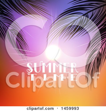Clipart of a Shining Sun in a Sunset Sky with Summer Time Text and Palm Branches - Royalty Free Vector Illustration by KJ Pargeter