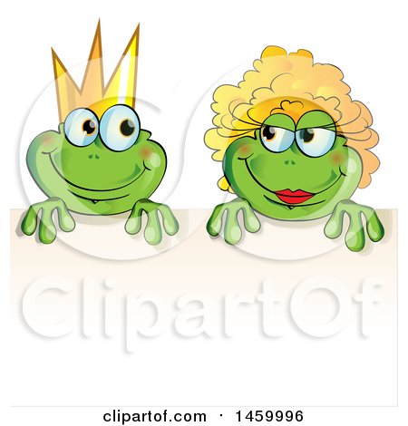 Clipart of a Cartoon Frog Prince and Princess over a Sign - Royalty Free Vector Illustration by Domenico Condello