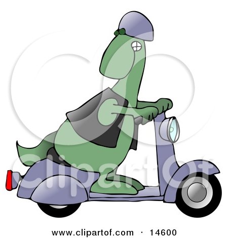 Cool Green Dinosaur Wearing A Vest And Helmet, Looking Back Over His Shoulder While Riding A Grey Scooter Clipart Illustration by djart
