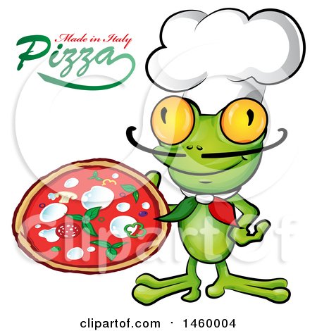Clipart of a Cartoon Frog Chef Holding a Pie with Made in Italy Pizza Text - Royalty Free Vector Illustration by Domenico Condello
