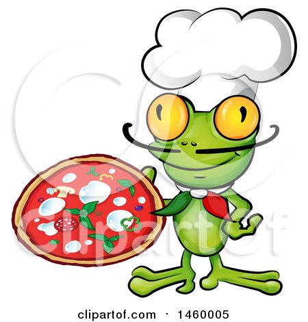 Clipart of a Cartoon Frog Chef Holding a Pizza - Royalty Free Vector Illustration by Domenico Condello