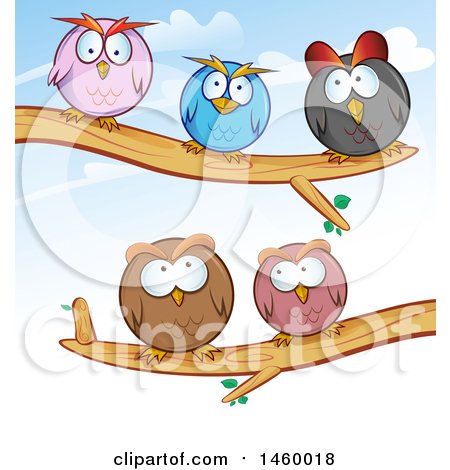 Clipart of a Cartoon Group of Round Owls Perched on Tree Branches - Royalty Free Vector Illustration by Domenico Condello