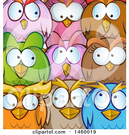 Clipart of a Cartoon Background Chubby Round Colorful Owls - Royalty Free Vector Illustration by Domenico Condello