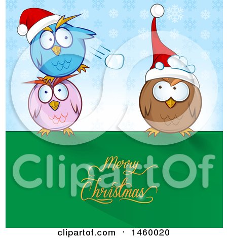 Clipart of a Cartoon Group of Chubby Owls Having a Snowball Fight with Merry Christmas Text - Royalty Free Vector Illustration by Domenico Condello