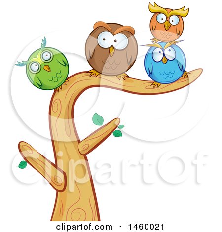 Clipart of a Cartoon Group of Round Owls Perched on a Tree Branch - Royalty Free Vector Illustration by Domenico Condello