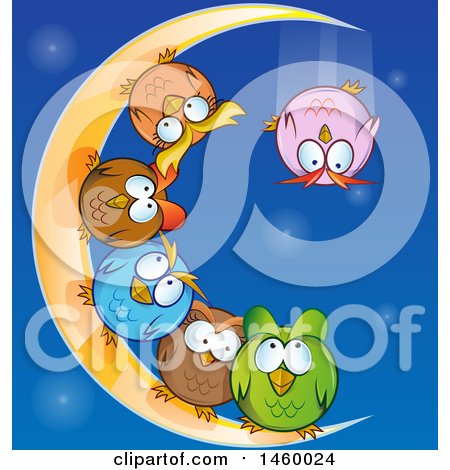 Clipart of a Cartoon Group of Chubby Round Owls on a Crescent Moon, One Falling off - Royalty Free Vector Illustration by Domenico Condello